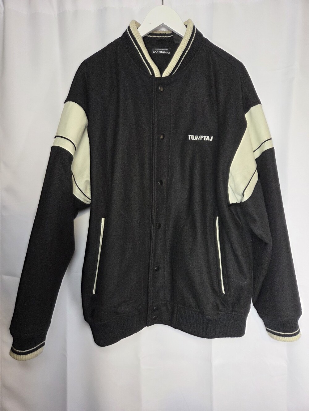 RARE Vintage Trump Taj Mahal Black Wool Varsity Bomber Jacket Men's L